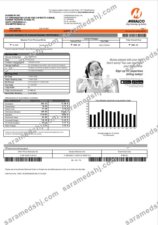 Philippines Meralco electricity business utility bill template in Word and PDF formats